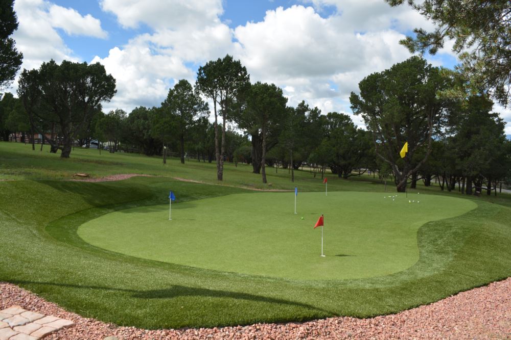 Outdoor synthetic turf putting green with multiple flagsticks and contoured artificial grass fringe, set within a landscaped park-like setting for realistic golf practice and low-maintenance performance.