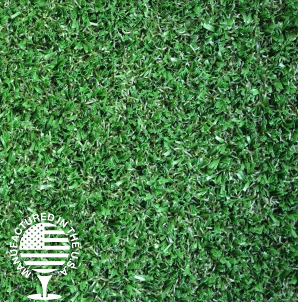 Dense, vibrant artificial grass with tightly woven blades, designed for realistic appearance and durable outdoor landscaping use.